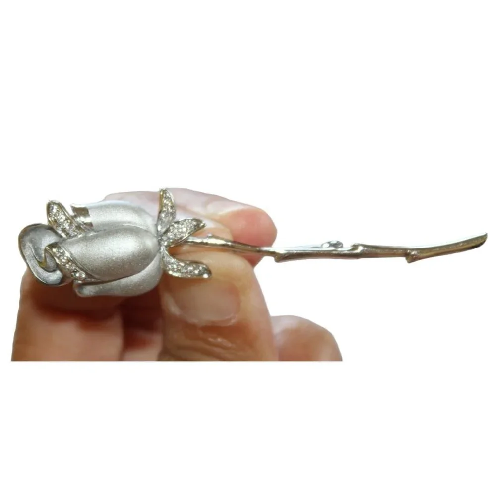 Sterling Silver 925 Rose flower brooch white Rhinestones Vintage